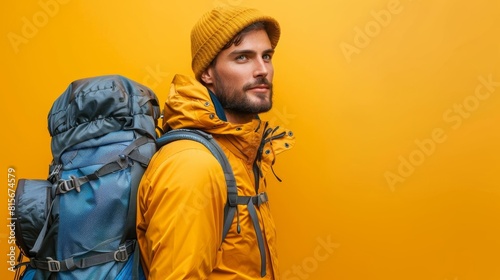 Man in hiking gear with a backpack, ready for adventure, against a yellow background that suggests daylight