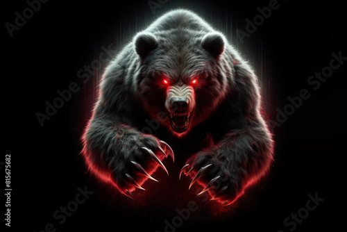 An angry Bear with a red light eyes Isolated on black background