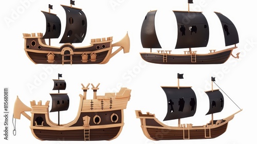 Ship with black sails, cannon holes, and sailyards set on white background.