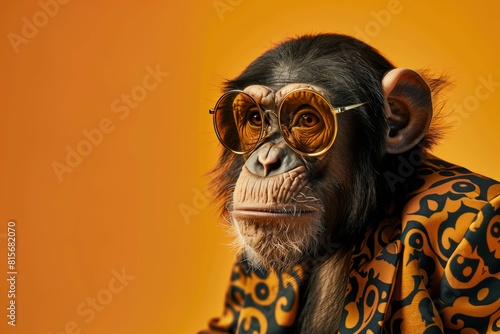 Chimpanzee Posing in Orange Paisley Shirt