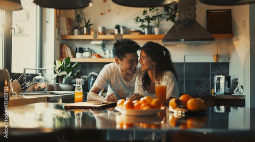 Smiling Asian couple sitting in the kitchen