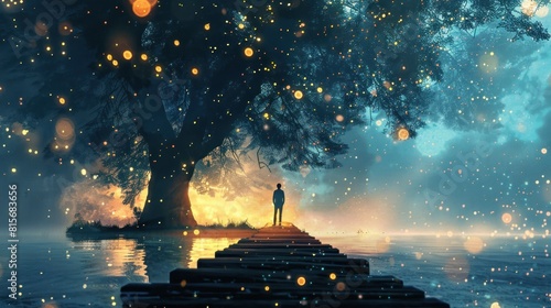 Silhouette man standing on the pier against fireflies at night, Digital illustration painting design style