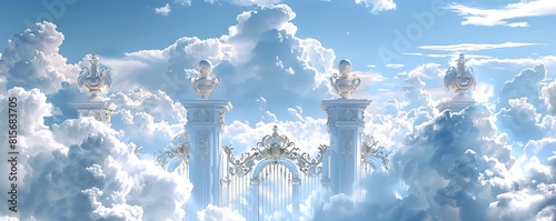 Beautiful white clouds with baroque gates in heaven, heaven gate with sky background, heaven door with cloud background, white color sky and clouds background, white sky with clouds background, 
