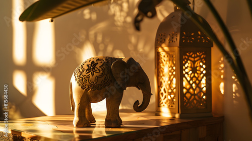 Stylish composition at moroccan interior with wooden shlef cube design elephant figure and decoration in modern home decor Details Template Copy space : Generative AI