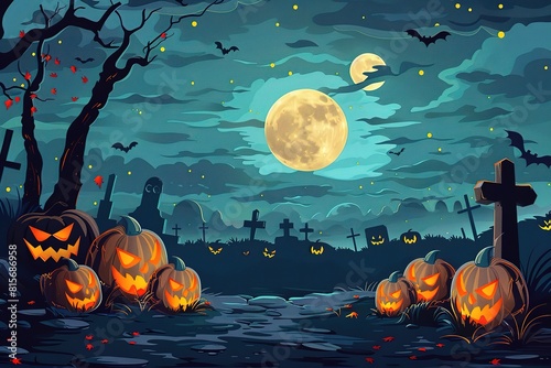 Halloween castle grave yard background with a spooky haunted castle, trees and graves and a full moon