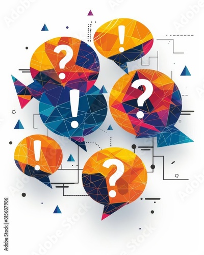 Geometric speech bubbles with question and exclamation marks, representing dialogue