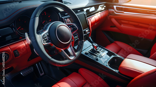Interior of new modern SUV car with steering wheel shift lever and dashboard climate control speedometer display Red leather interior : Generative AI