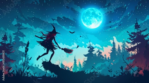 An animated Halloween party banner with a beautiful witch and her broom flying in the night sky. This is a modern landing page holiday party with a cartoon redhead woman dressed in a sorceress