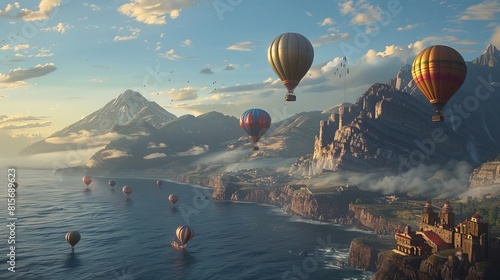 A hot air balloon flies above the ocean and mountains