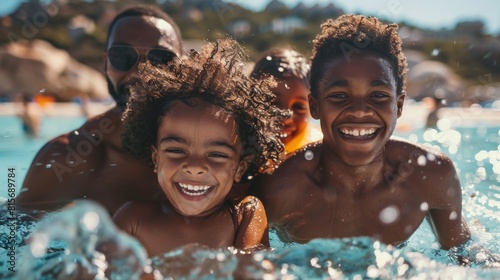 Joyful African American Family Swimming Together on Sunny Day. Generative ai