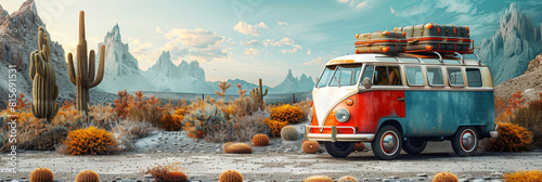 Vintage retro bus with suitcases on a deserted road with cacti around, copy space. Concept of summer holidays and travel.