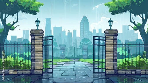 Stone gates with parallax background and rain, 2d cityscape with rocky fence, green trees on skyscrapers, separated layers for game animation.