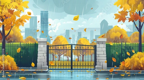 Modern illustration of parallax background with stone gates to a city park in autumn with rain. 2D city skyline with yellow trees, yellow bushes, and skyscrapers separated for game animation.