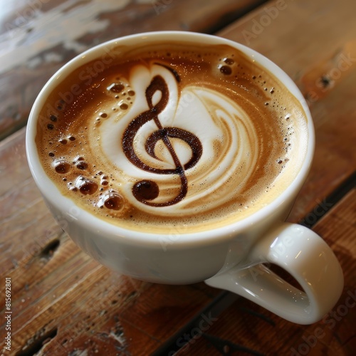  cup of coffee with musical note symbol on frothy surface 