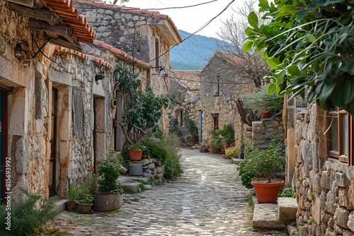 Quaint stone houses line a traditional cobblestone alley in a picturesque village