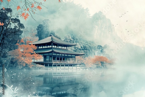 Tranquil scene with a traditional japanese temple amidst autumn foliage shrouded in mist