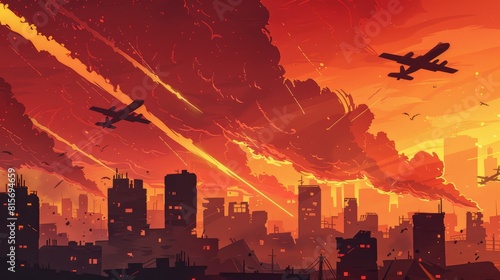 An illustration of a military campaign with planes flying in the sky and smog trails on a destroyed cityscape background. Bomber airplanes, fighters, army aircraft. Cartoon modern illustration.