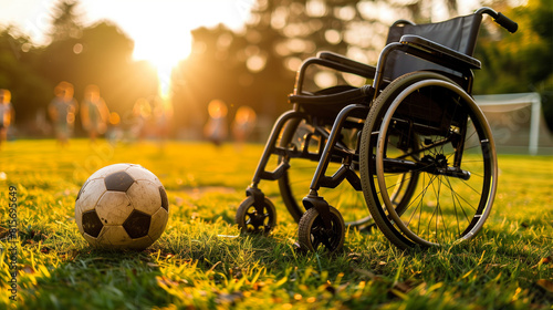 A boy in a wheelchair is smiling and holding a soccer ball. He is surrounded by other children playing soccer
