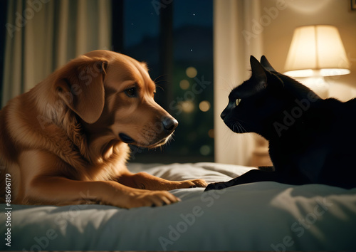 Pies i kot na łóżku z oknem w tle z widokiem na miasto. Letni wieczór z oświetleniem z lampy i lamp zewnątrz