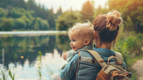 Smiling mother holding adorable toddler child outdoors, beautiful nature landscape with lake in the background