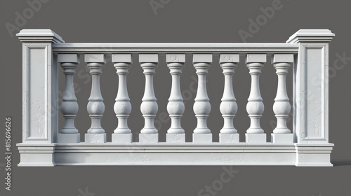 Modern realistic set of 3d white stone or marble pillars, columns, balusters, handrails, and bases of classic ancient fences for balcony, terrace, and parapet.
