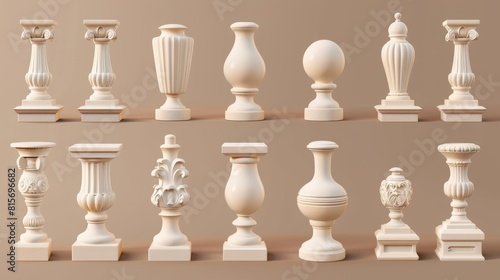 Set of 3d white stone or marble pillars, columns, balusters, handrails and bases for a traditional ancient fence for balcony, terrace, or parapet.