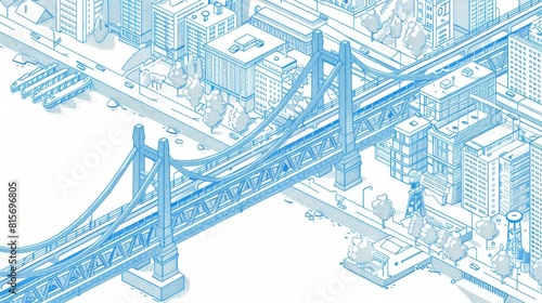 A city drawbridge in three dimensions. An isometric web banner that features city infrastructure, famous landmarks, concrete or pontoon structures for transportation, crossing water or roads.