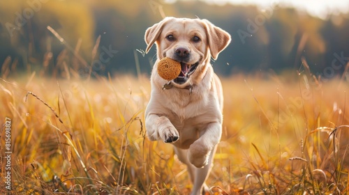 Enthusiastic pup bounding through a field with a favorite toy in its mouth