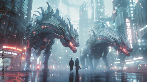  A man and a woman walk down a street in front of two large, menacing looking creatures. The creatures are surrounded by neon lights and the street is wet from rain. Scene is dark and ominous 