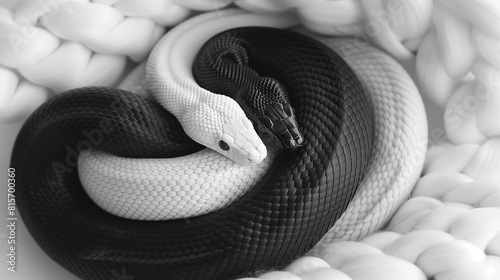 Three black and white snakes are curled up together. The snakes are in a close embrace, with their heads touching. The image has a serene and peaceful mood, as the snakes appear to be resting