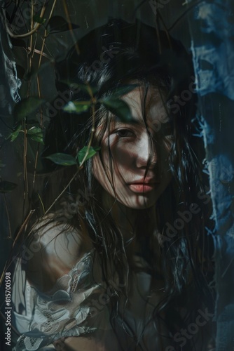 Portrait of a woman hidden behind foliage, dramatic lighting and shadows, intense and wary expression, concept of concealment and vigilance of a fugitive