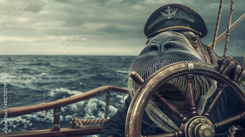 Amazing closeup charismatic of a walrus in a captains uniform