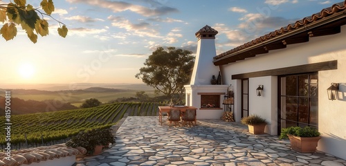 A white Mediterranean villa with terracotta roof tiles, overlooking a vineyard, with an elegant stone patio and a wood-fired oven, the setting sun casting long shadows over the tranquil scene. 