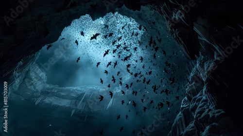 Spectacular scene of bats streaming out from a cave's entrance into the night sky
