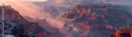 Futuristic landscape view of a grand canyon, its intricate layers telling stories of millennia, highlighted with a futuristic style that enhances its dramatic and rugged beauty