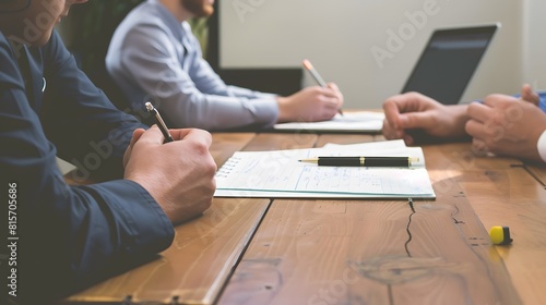 An employee in a meeting taking notes