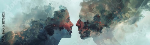 Two people that are facing each other with their faces. Double exposure . Banner