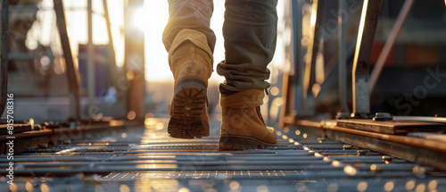 Worker strides across an industrial catwalk, embraced by the golden hour's warm glow.