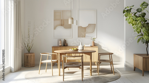 Stylish scandinavian living room interior of modern apartment with wooden commode design table chairs carpet abstract paintings on the wall and personal accessories in unique home deco : Generative AI