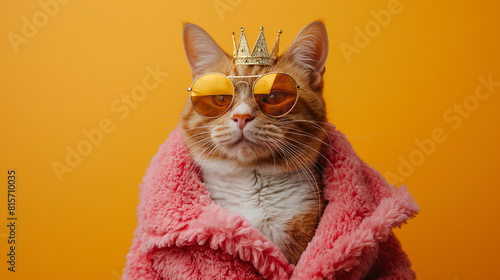 Studio portrait of cat wearing a golden crown and sunglasses 