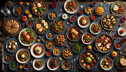 Table filled with food and dishes Background