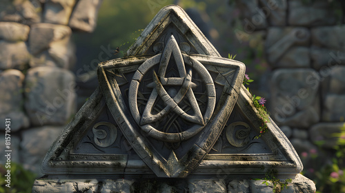 Three ancient symbols of unity carved into a stone monument, representing the timeless nature of the Trinity.