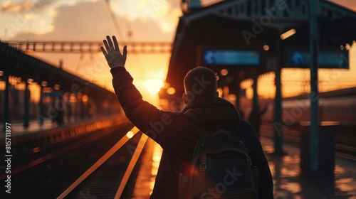 A man waves a heartfelt goodbye to his girlfriend at the train station, bathed in the warm hues of an autumn sunset. Guy waving to a girlfriend