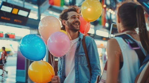 Joyful reunion as man greets girlfriend at airport with balloons. Guy waving to a girlfriend