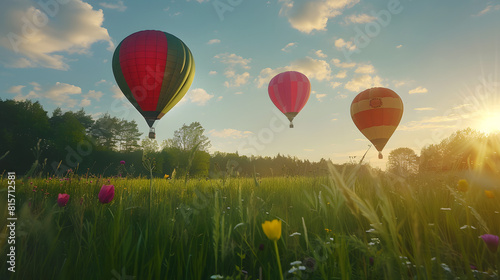 Three colorful hot air balloons floating gracefully above a green meadow, symbolizing the Trinity's boundless love.