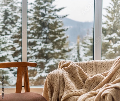 3d render. cozy room large window with amazing snow forest view close up. ai generative
