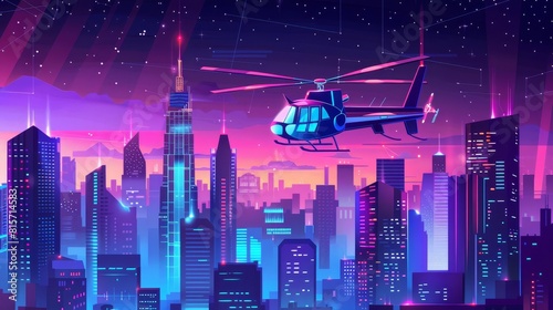 Night cityscape with skyscrapers, helicopter, and many windows. Modern illustration of a high-rise office building or apartment building in the dark with stars in the background.