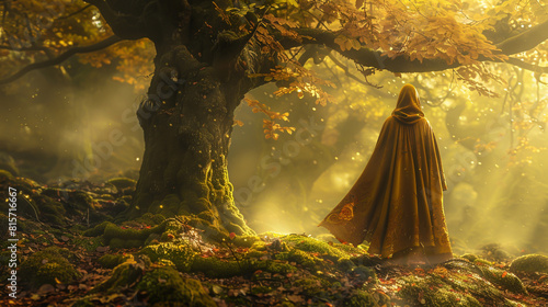 A veiled figure cloaked in amber stands amidst moss and misty woods, her back to us.