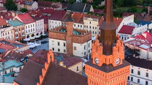 Aerial drone view of Tarnow townscape , Poland. Cathedral church of of Holy Family and Market Square Town Hall.