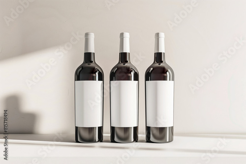Three wine bottles on a table against a white background